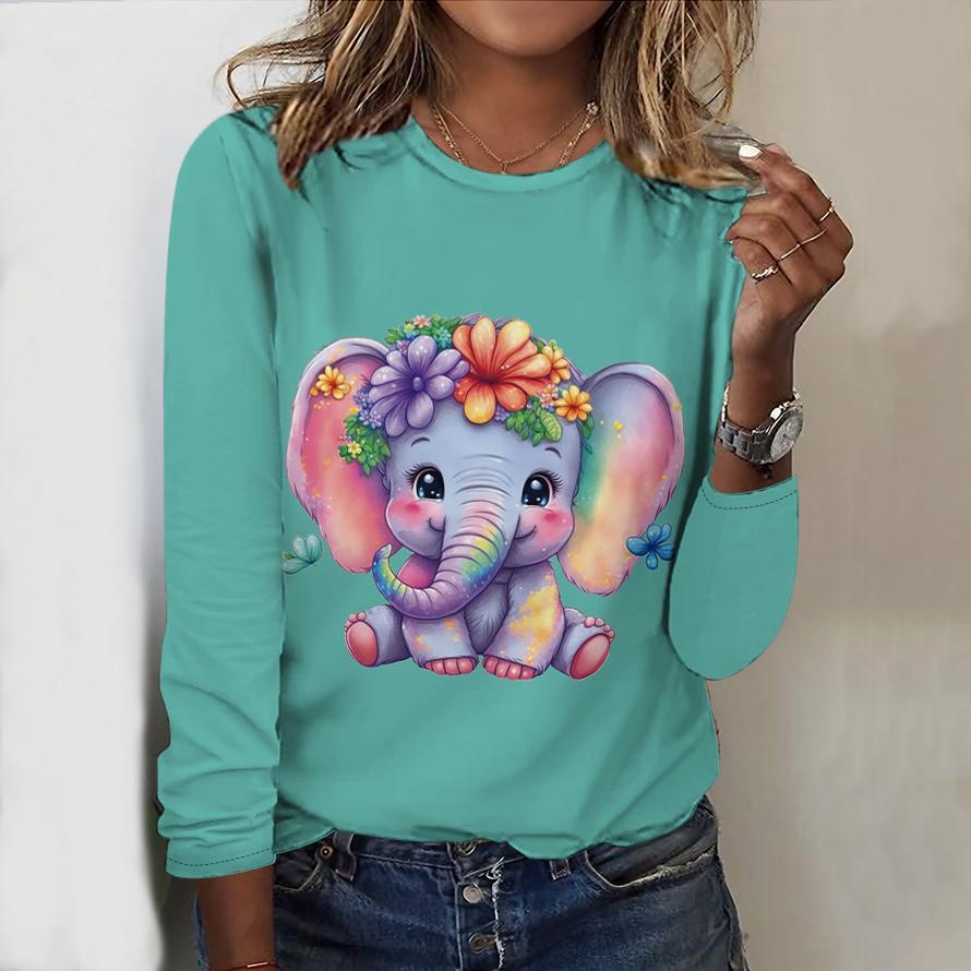 

Топы на весну и осень с принтом животных слонов и белок, круглый вырез, длинный рукав, футболка, осенний повседневный тонкий пуловер, женский топ с длинным рукавом 8XL зелёный