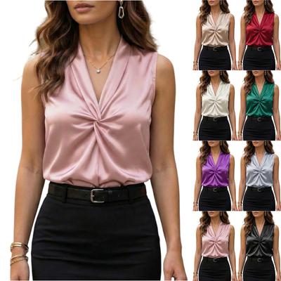 Sleeveless Satin V Neck Blouse for Women Front Office Top Elegant Lightweight Pullover Shirt for Business Casual