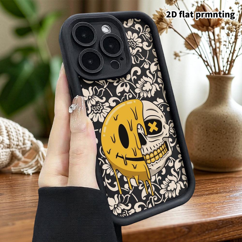 Phone Case: 2D Flat Design Suitable for iPhone 18, 17, 16, 15, 14, 13 Pro Protective Case, Unisex, Smiling Skull, Christmas and Halloween Gift