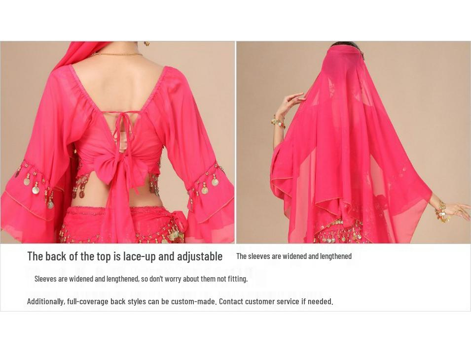 Costum Dans din Buric pentru Femei - Set Etnic de Performanță cu Fustă cu Mâneci Clopot