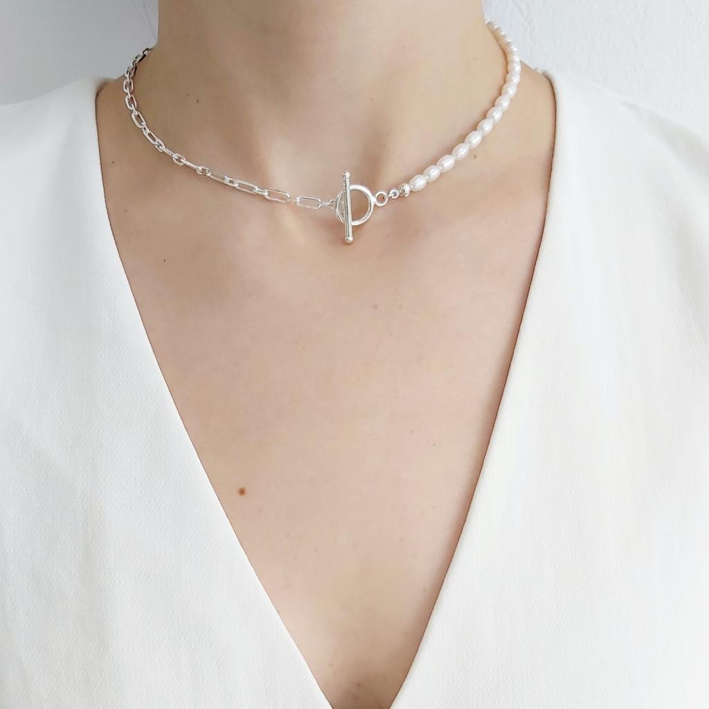 925 Sterling Silver Pearl & Paperclip Chain Necklace for Women
