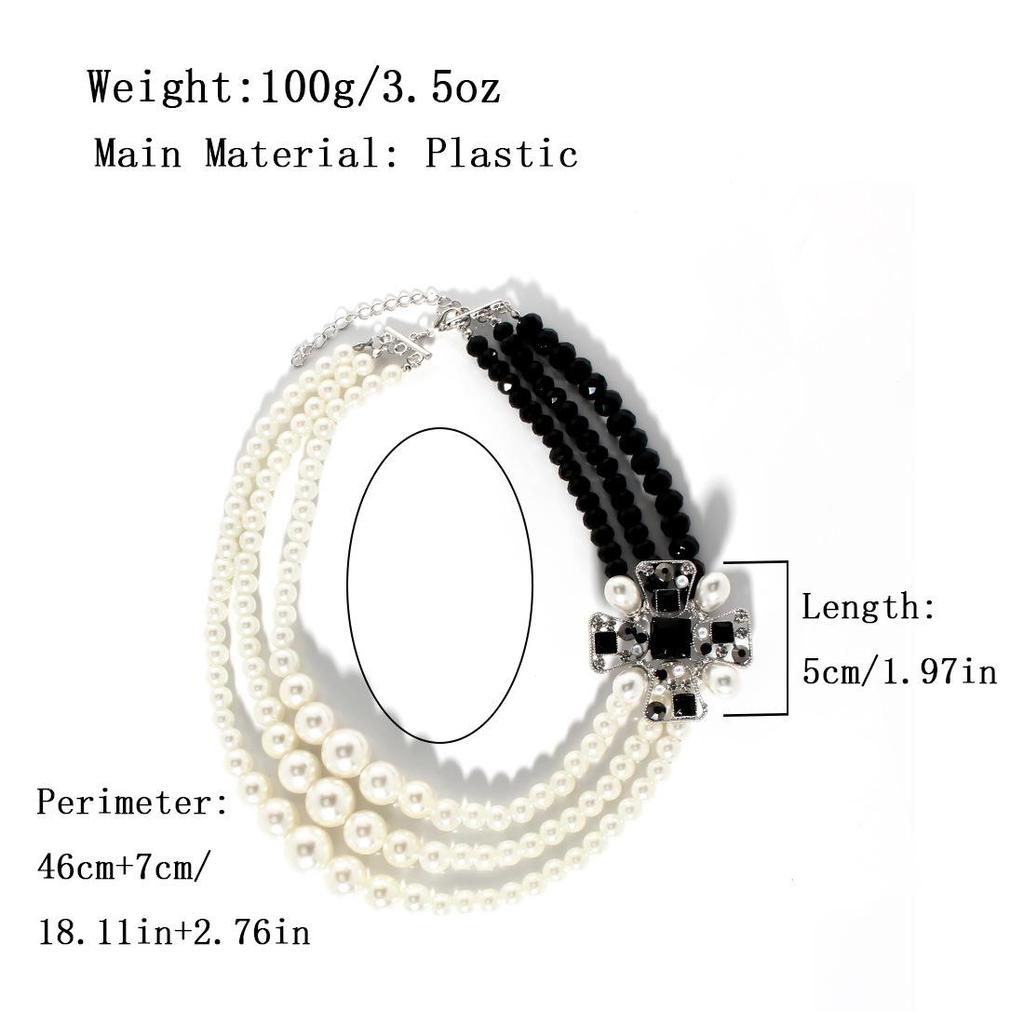 Retro Rhinestone Geometric Pearl Layered Necklace NK23600