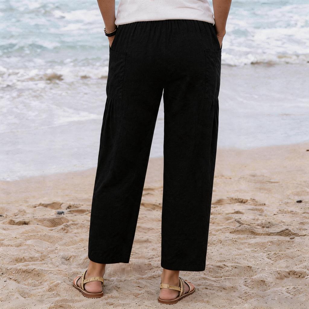Women Loose Fit Wide Leg Drawstring Pants Casual Linen Trousers with Pockets Elastic Waistband Relaxed Fit Summer Bottoms