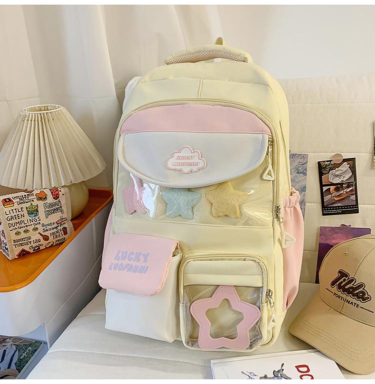 Schoolbag Butter Peach Star Sweet Waxy School Bag High Value Contrast Color Primary and Secondary School Students Grades 1-1 Multi-compartment