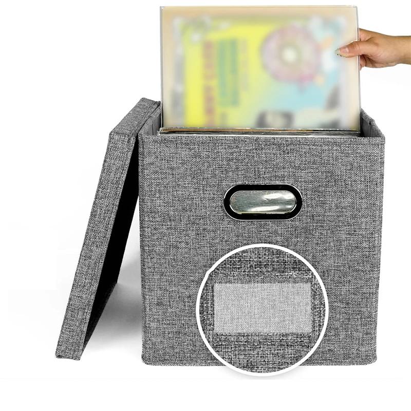 33x33x33cm Vinyl Record Storage Box Vinyl Record Case for Lp Album Storage Linen Fabric Storage Crate Cube Bins with Lid
