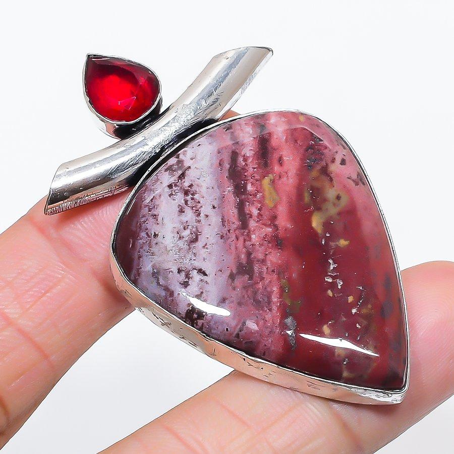 Natural Bloodstone, Garnet 925 Sterling Silver Jewelry Pendant 2.40" k7J04