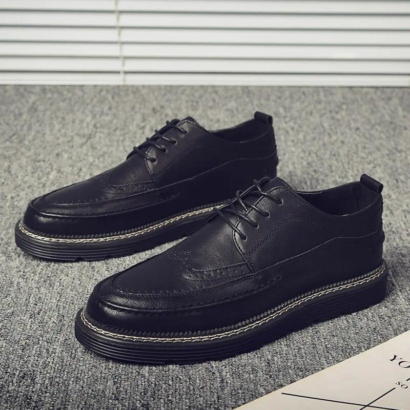 100% Genuine Leather Shoes Fashion Brogues Flat Thick Sole Male Footwear Pure Black Casual Mens Shoes
