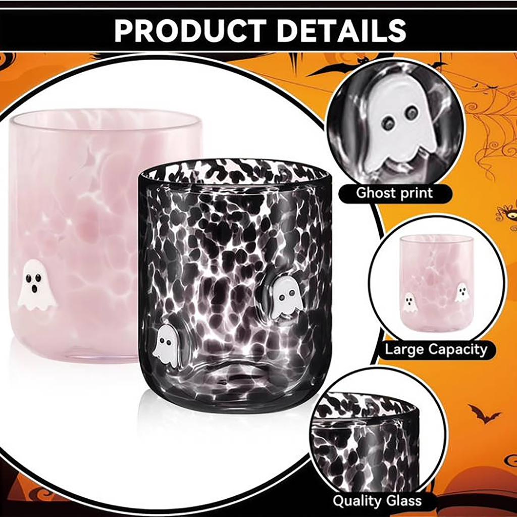 2 Pcs 14 Oz Halloween  Glass Cups Juice Glass Old Fashioned Hand Blown Drinking Cups Cute Spooky Drinkware Gift Set For Halloween Party Dec