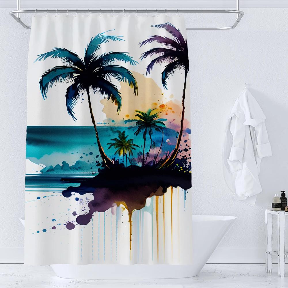 36x72 Inch Seaside Scenery Shower Curtains Beach Coconut Tree Bath Curtains Waterproof Shower Curtain Bathroom Decor with Hooks