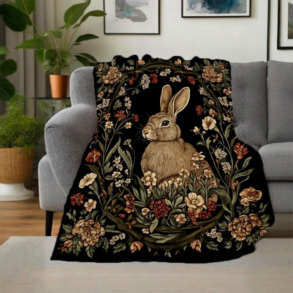 "Rabbit in Flowers: Elegant Wall Art Print"Blanket Flannel Throw Blanket for Sofa, Bed, Travel, Camping, Office, Couch, Chair, And Bed Gift