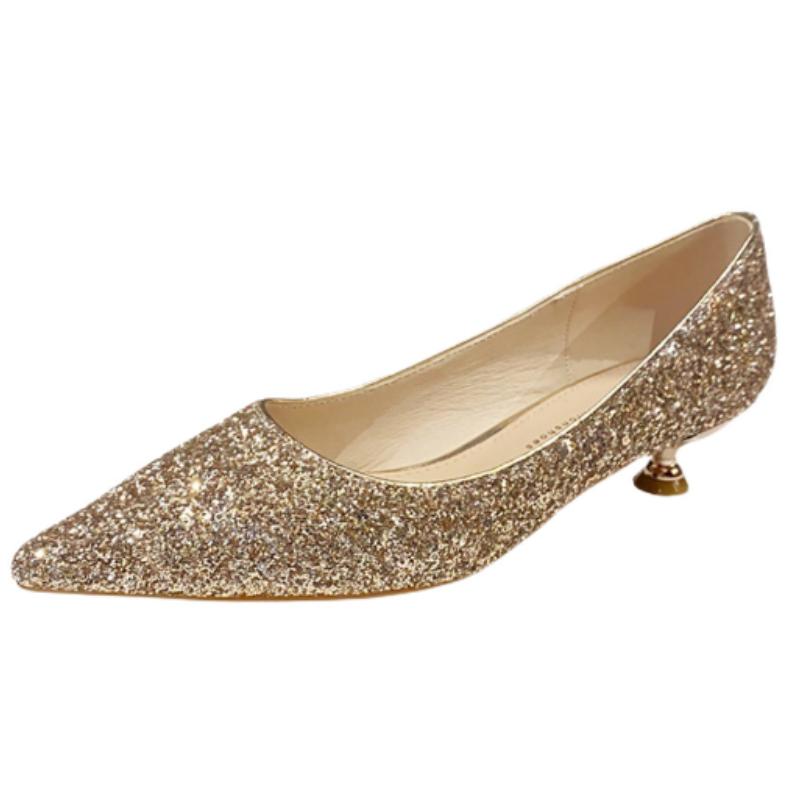 Fashion Crystal Wedding Shoes Female 2025 New Gold Wedding Bridesmaid Low-heeled High Heels Bridal High Heels