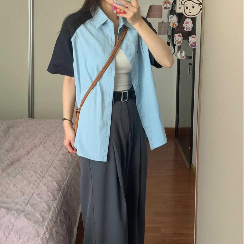 

Рубашка с рукавами реглан в стиле колор-блок для женщин Лето 2025 Японские топы с коротким рукавом Однобортный лацкан Универсальный топ XXL синий