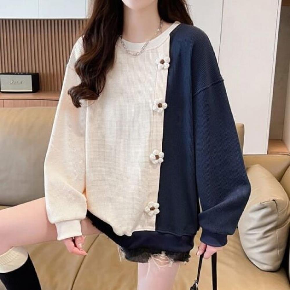 Navava Women Fleece Flower Color Block Round Neck Long Sleeve Sweatshirt Nt2121