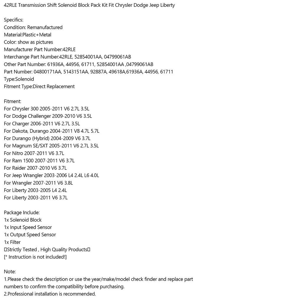 42RLE Transmission Shift Solenoid Block Pack Kit For Chrysler 300