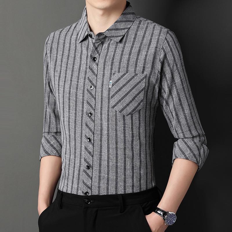 Long-sleeved Striped Spring and Autumn Shirt for Men Middle-aged Business Casual Real Pocket Cotton and Linen Dad Men's Shirt