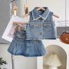 Girls' Summer Denim Set: Sleeveless Frayed Jacket & Pleated Skirt