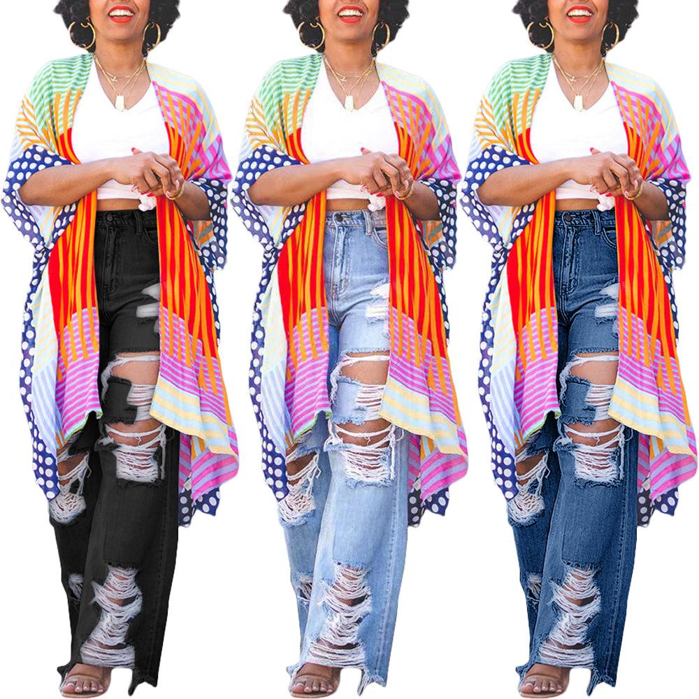 Hole Jeans for Women Ripped Straight Pants Mid Waist Distressed Washed Pockets Vintage Denims Streetwear Female Trousers