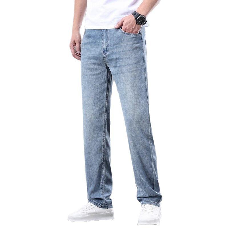 

Летние тонкие мужские джинсы из ткани лиоцелл, мягкие, дышащие, прямые джинсовые брюки, брендовые мужские эластичные брюки из ледяного шелка, повседневные брюки, серые, синие 29