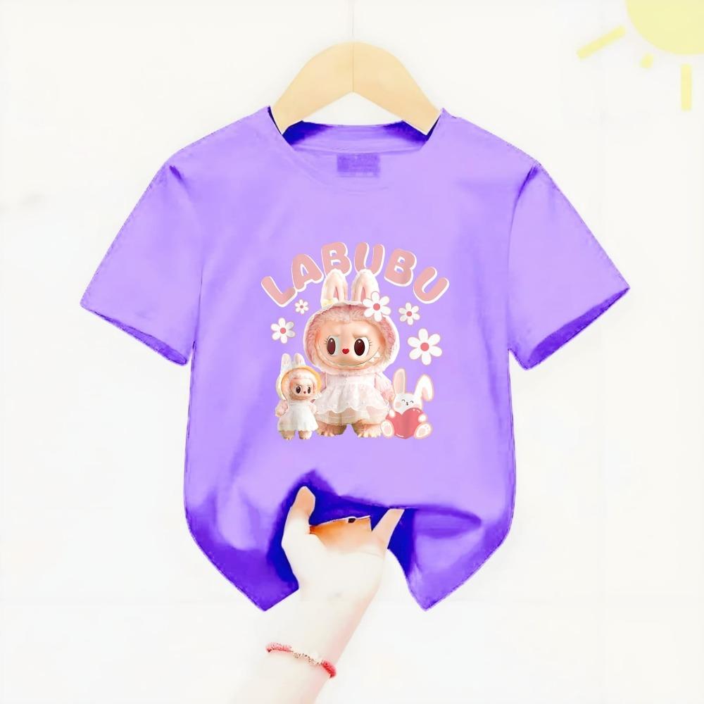 

New Labubu Children s T-shirt Scarf LABUBU Flower and Rabbit Pattern Girl Round Neck Short Sleeve Casual Versatile Clothing 100