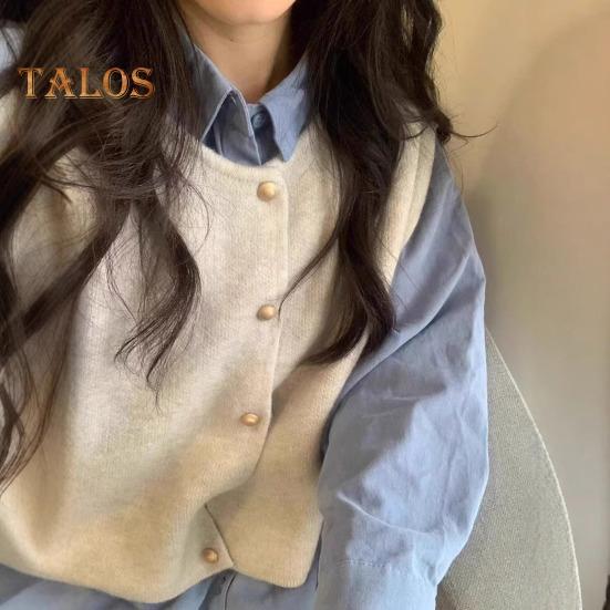 Women Knitted Vest Round Neck Sleeveless Button-down Thick Elastic Pure Color Brushed Texture Loose Sweater Coat for Spring Autumn Winter