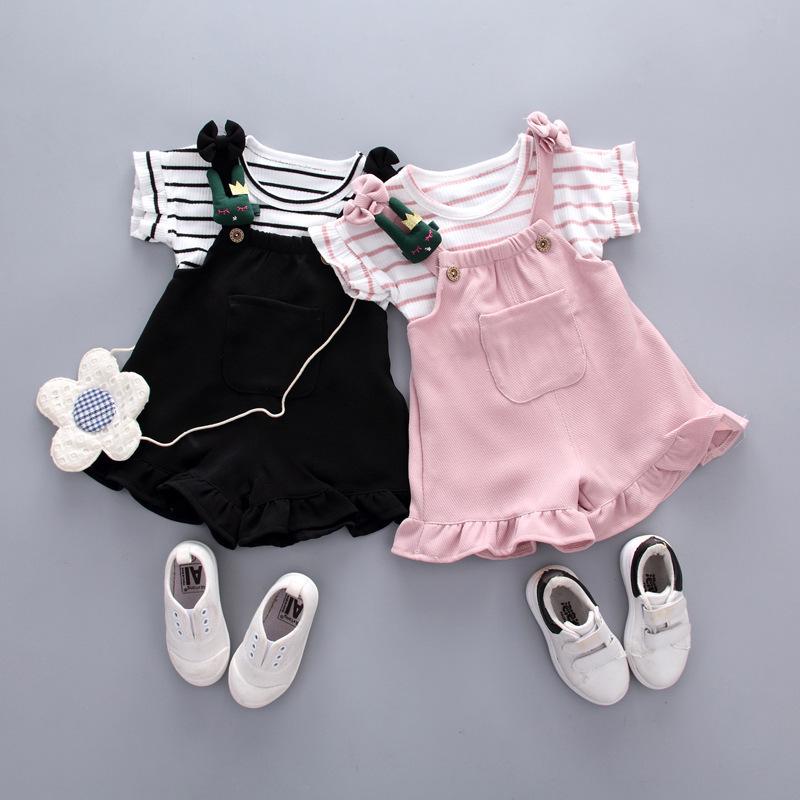 Summer Girls Babies Cute Striped Short Sleeved New Small Medium Sized Children's Shoulder Strap Short Sleeved Set Two-piece
