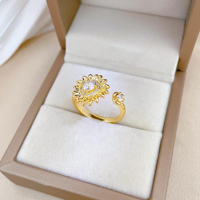 Echtgold Licht Luxus Blume Voll Diamant Ring Öffnung Verstellbar Schlichter Schmuck Japanischer Ring Partnerring