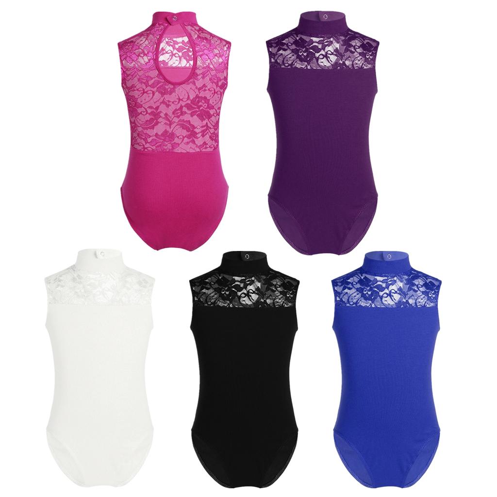 One Piece Girls Leotard Sleeveless Turtle Neck Lace Back Dance Clothes Kids Ballerina Bodysuit
