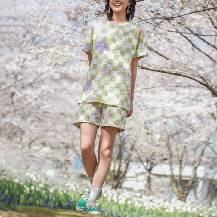 Vans Buntes Schachbrettmuster Rundhals Kurzarm T-Shirt Damen Oberteile Grün VN00091NC1D