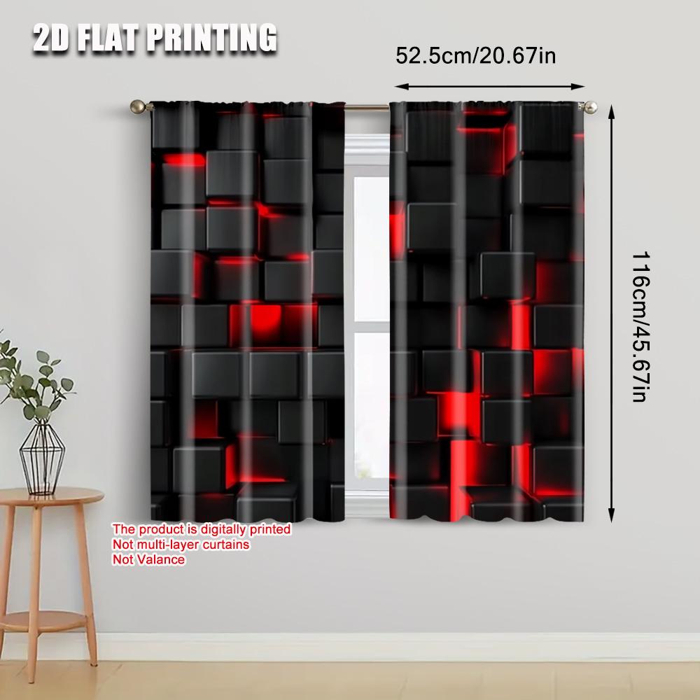 2pcs   2D flat printing Curtains Abstract Cubes Red Black Art Durable Polyester  Without Electricity Versatile Use for polyester
