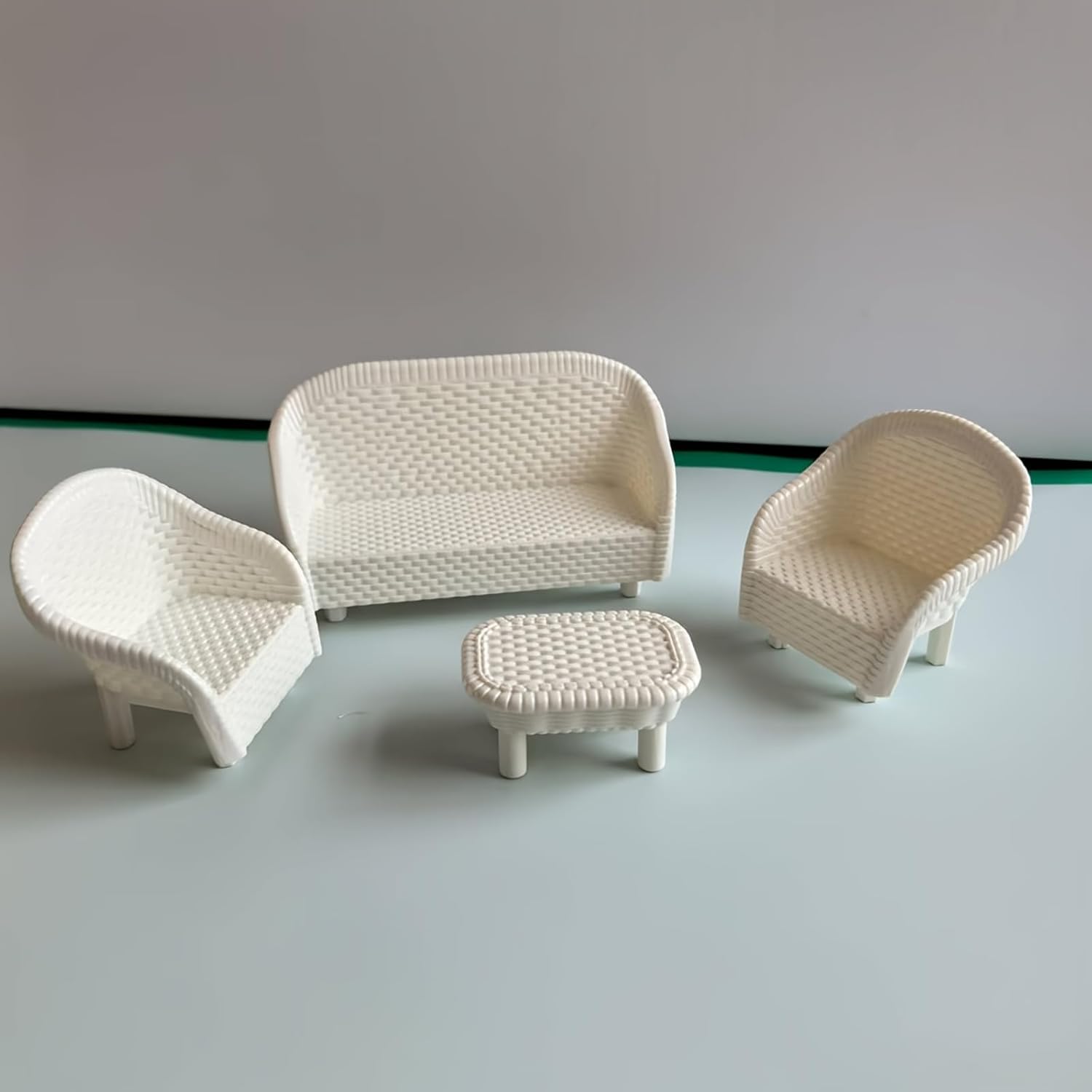 

4 PCS Miniature White Wicker Tea Table & Chair Set Dollhouse Furniture Micro Landscape Props for Bedroom Fairy Garden Decor