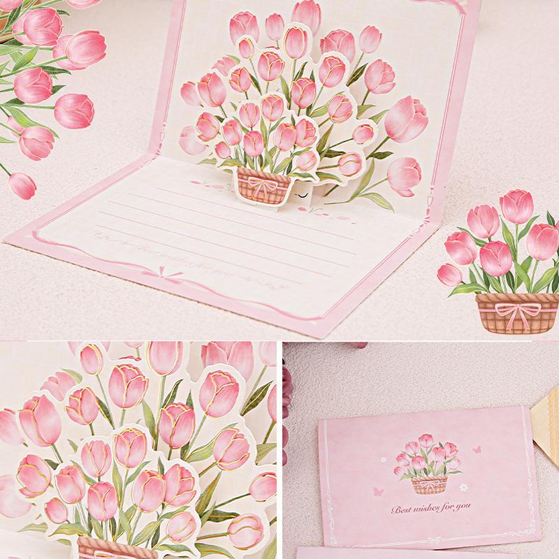1PC Paper Postcard 3D Greeting Card Creative Roses Birthday Gift Card Sunflowers Bouquet Pop-Up Tulips