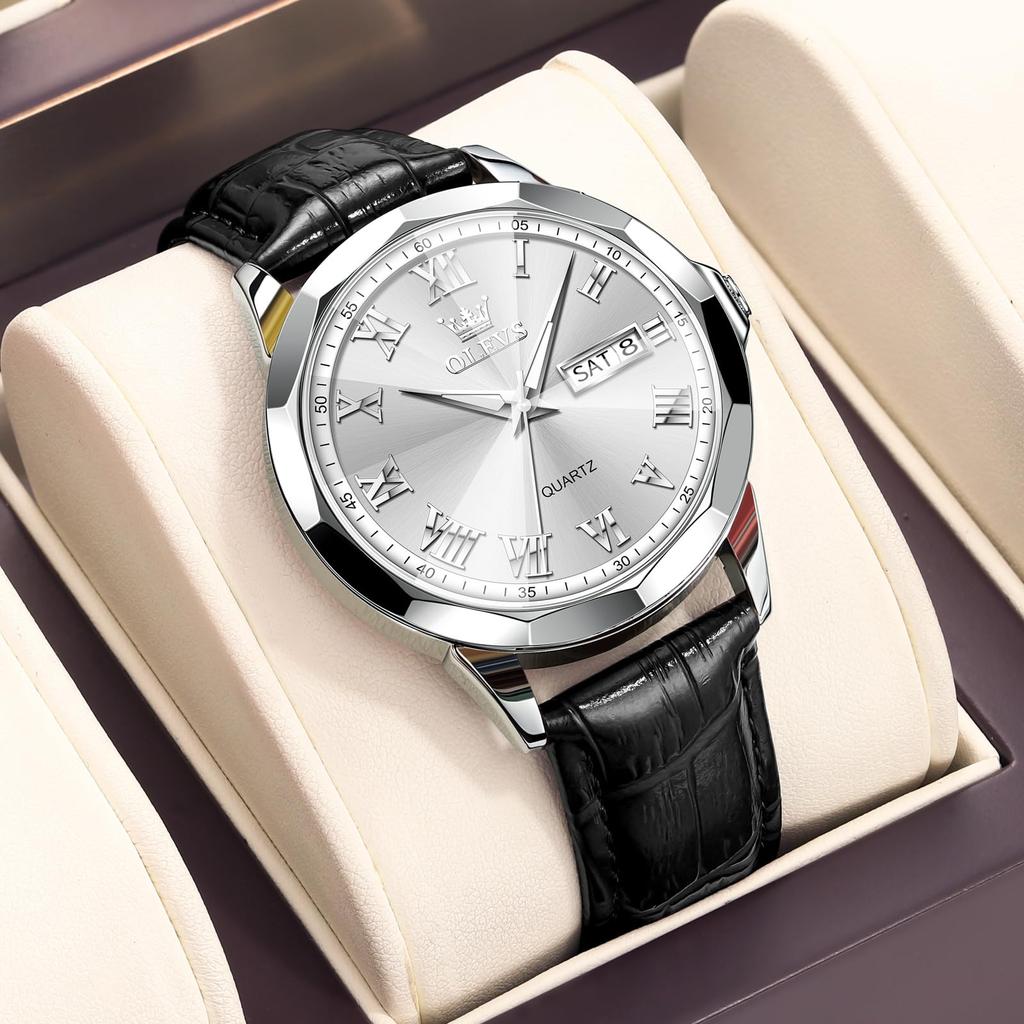 OLEVS Men Wristwatch Leather Strap Analog Quartz 30M Waterproof Silver Dial Luminous Date Day
