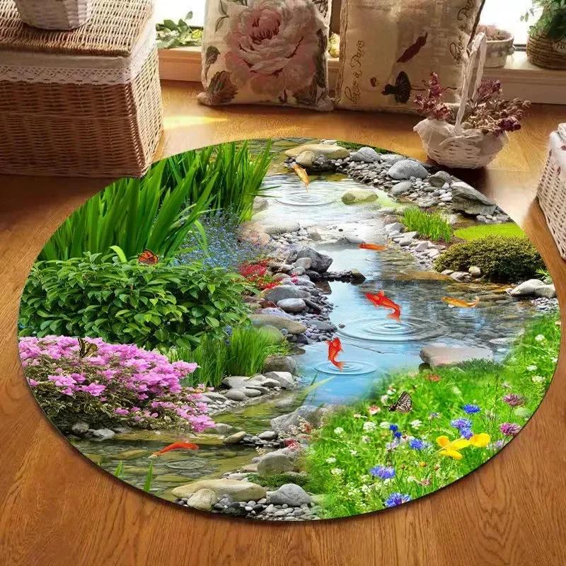 Lotus Landscape Painting Round Carpet Chair Sofa Carpets Home Living Room Bedroom Bathroom Floor Mat Printed Home Decorations