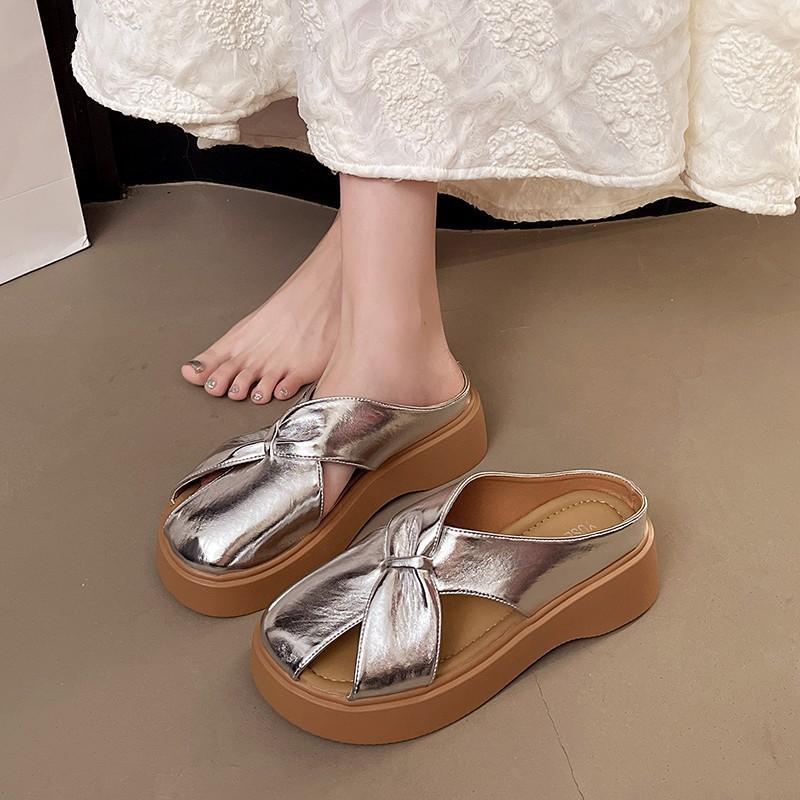 Baotou half slippers women's 2025 summer new Korean version round head flat bottom butterfly comfortable wear women's cool slippers