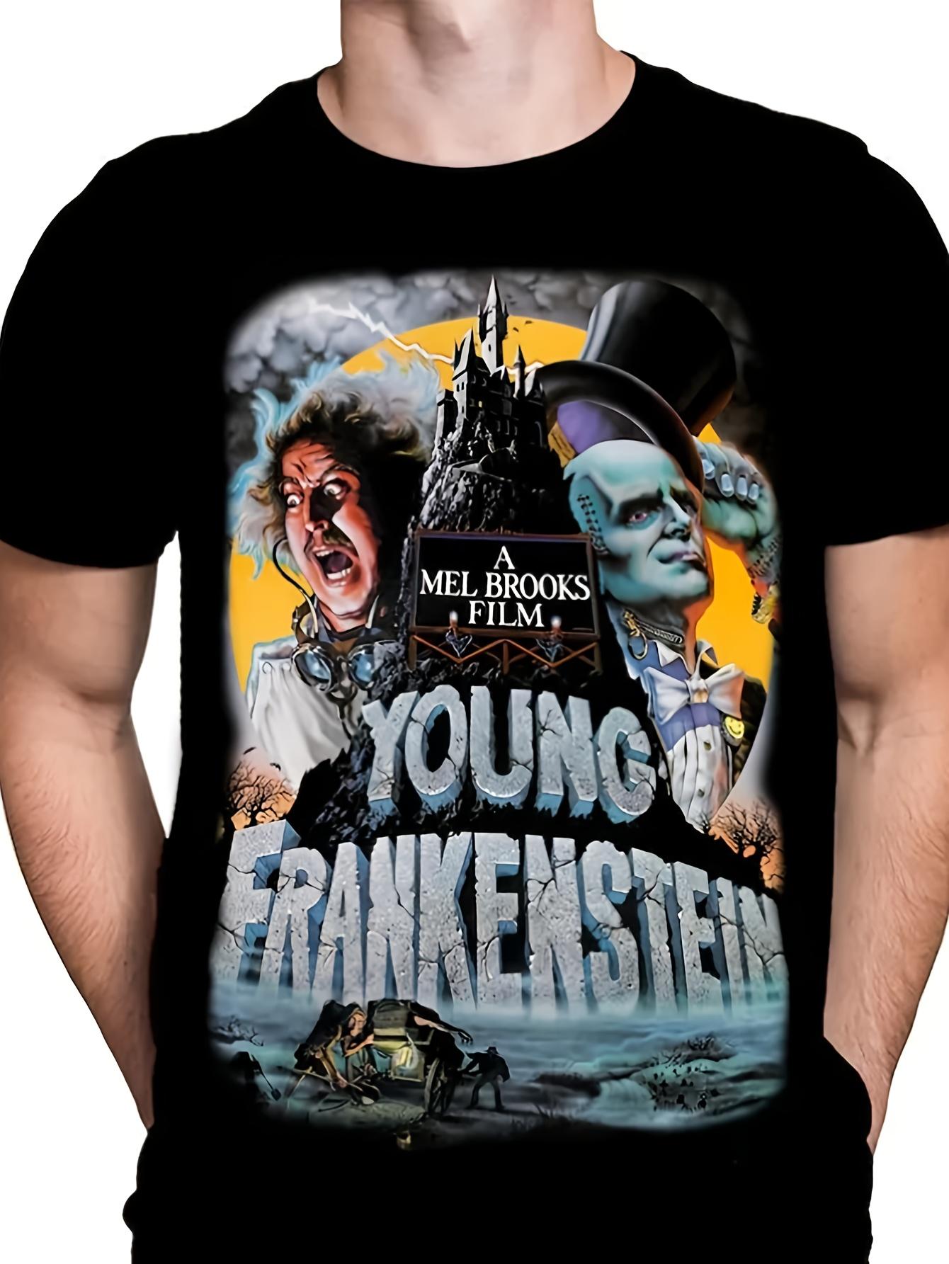 Mens Retro Youthful Frankenstein Movie TShirt with Monster Castle and Laboratory Scenes  Classic Horror Comedy Graphic TShirt S