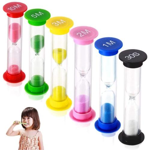 Set of 6 Colorful Plastic Sand Timers with 30 Second, 1 Minute, 2 Minute, 3 Minute, 5 Minute, and 10 Minute Functions for Toothbrushing, Time Manageme