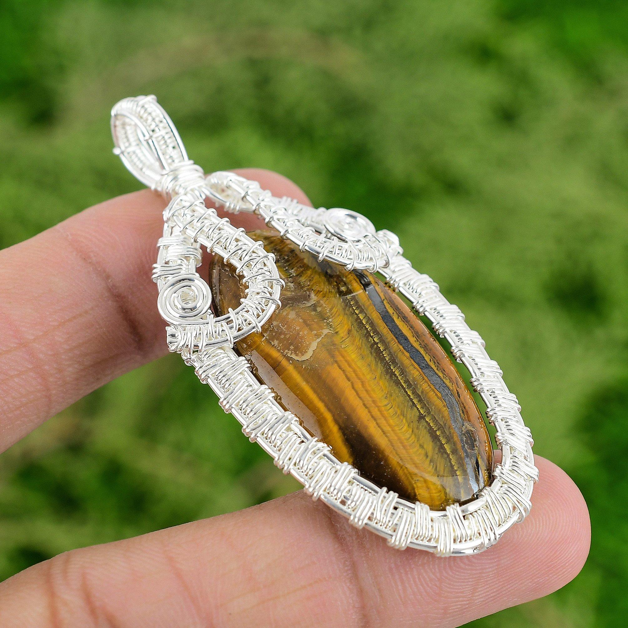 

Sacral Chakra Tigers Eye Stone Sterling Silver Wire Wrapped New Pendant Jewelry