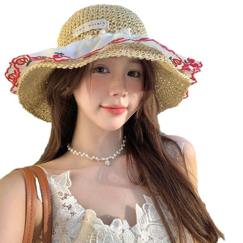 Sweet Hollow Seaside Vacation Straw Hat Women's Summer Sunscreen Straw Hat Big Brim Lace Sunshade Beach Parent-child Hat