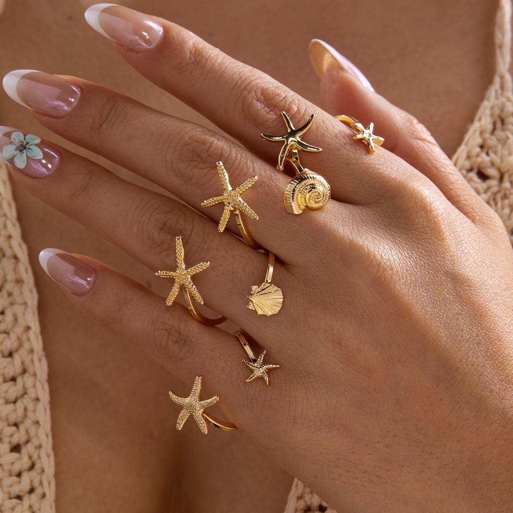 Boho Ocean Beach Summer Starfish Shell Conch Rings Set For Women Men Metal Sea Star Stackable Finger Ring Vacation Party Zircon