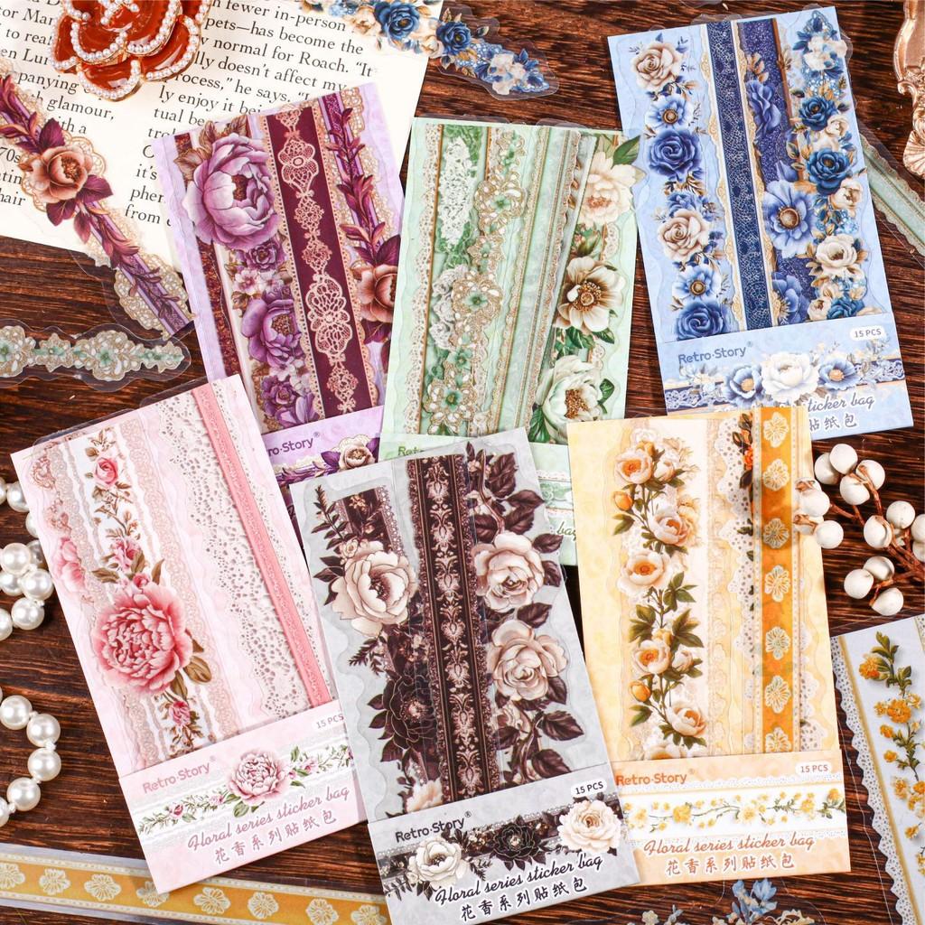 15 Pcs Lace Strip Sticker Creativity DIY Hand Account Scrapbooking Collage Decorative Junk Journal Supplies