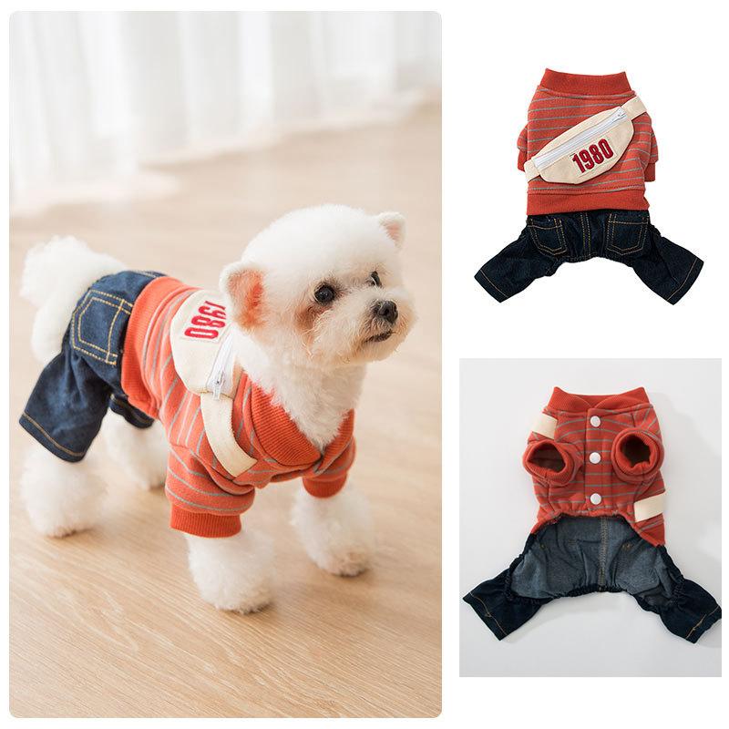 Small Dog Jumpsuit Yellow Striped Jeans Set For Teddy Maldives Bichon Frise Cat Cute Backpack Design Pet Clothing Pet Supplies