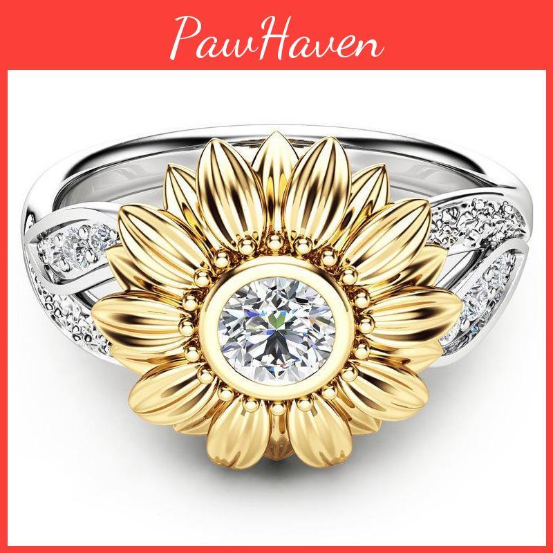 Stylish Copper Sunflower Ring With Gold Plating And Gemstone Inlay For Birthdays