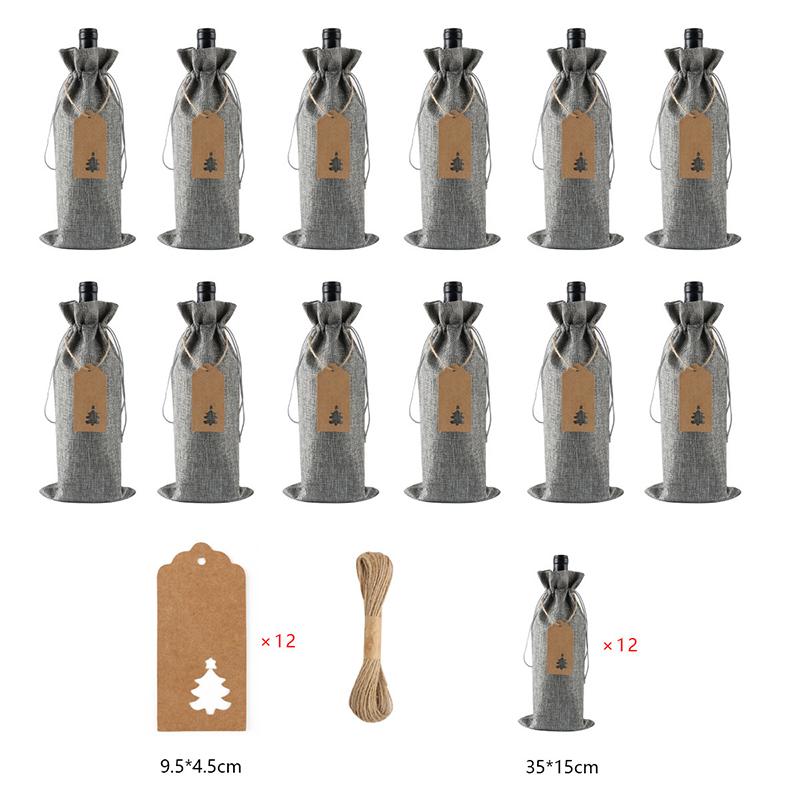 12Pcs Linen Drawstring Wine Bottle Covers With Tags and Linen Rope Dustproof Red Wine Packaging Bag Xmas Christmas Party Decor