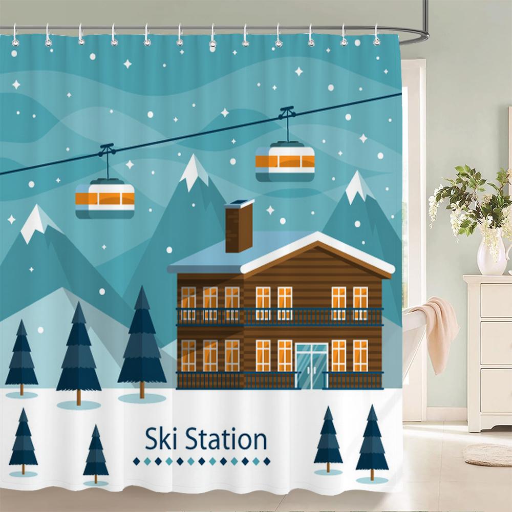 

Winter Ski Station Cedar Plant Shower Curtains Bathroom Curtain Frabic Waterproof Polyester Bath Curtain With Hooks Decoration W60H190(CM)-1 Pcs