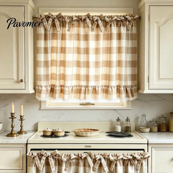 Window Valance with Lace Trim Buffalo Check Valance, Ruffled Curtain And Bows, Small Valances Light Filtering Rod Pocket for Kitchen Living