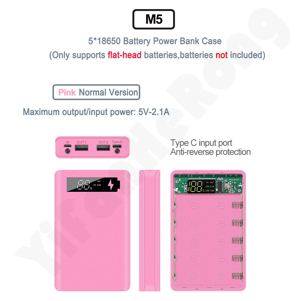 5*18650 Power Bank Case Dual USB For Mobile Phone Charger DIY Shell 18650 Battery Holder Charging Box With LED Flashlight