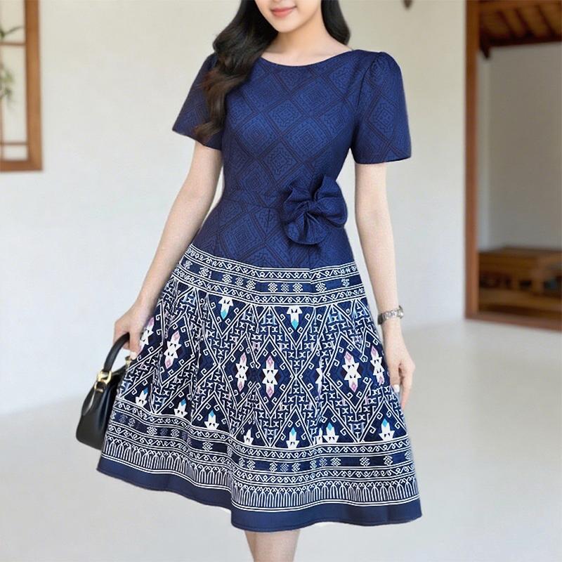 

ZANZEA Women Casual Ethnic Print Patchwork Summer Short Sleeve Dress S темно-синього кольору