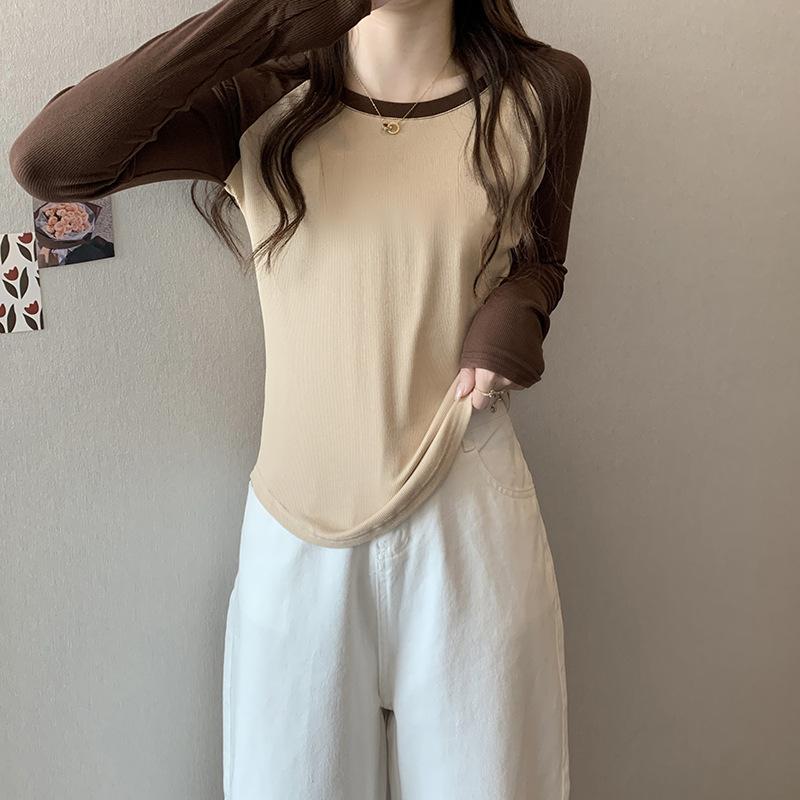 

Spliced raglan long-sleeved T-shirt for women in early autumn hot girl short t-shirt little man bottoming shirt top early autumn style XL