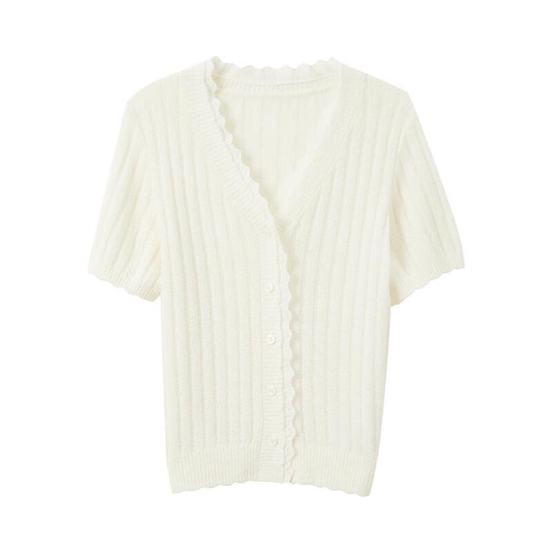 Sancai 2025 Autumn Simple V-Neck Lace Trim Short Sleeve Knit Cardigan