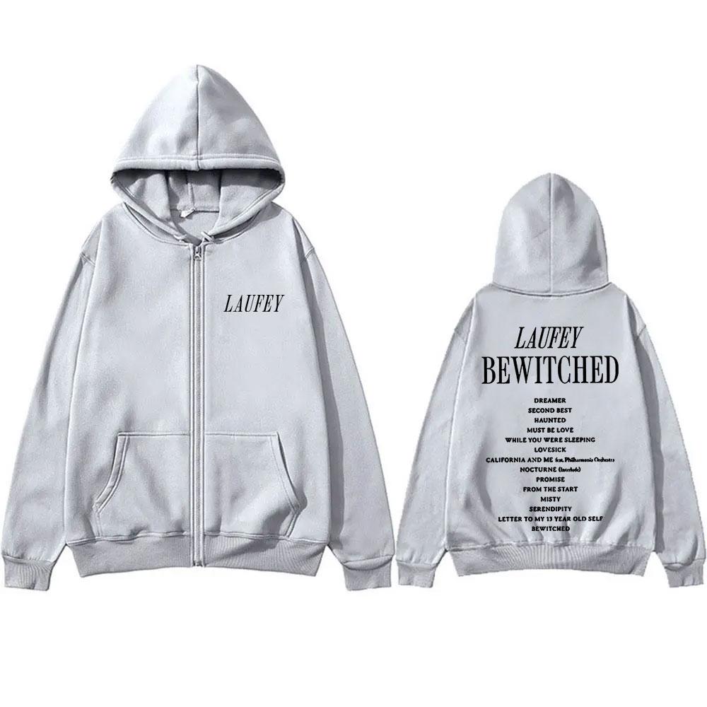 Singer Laufey Bewitched Letter Logo Print Zipper Hoodie Men Women Casual Oversized Zip Up Jacket Men's Fleece Zip Up Sweatshirt